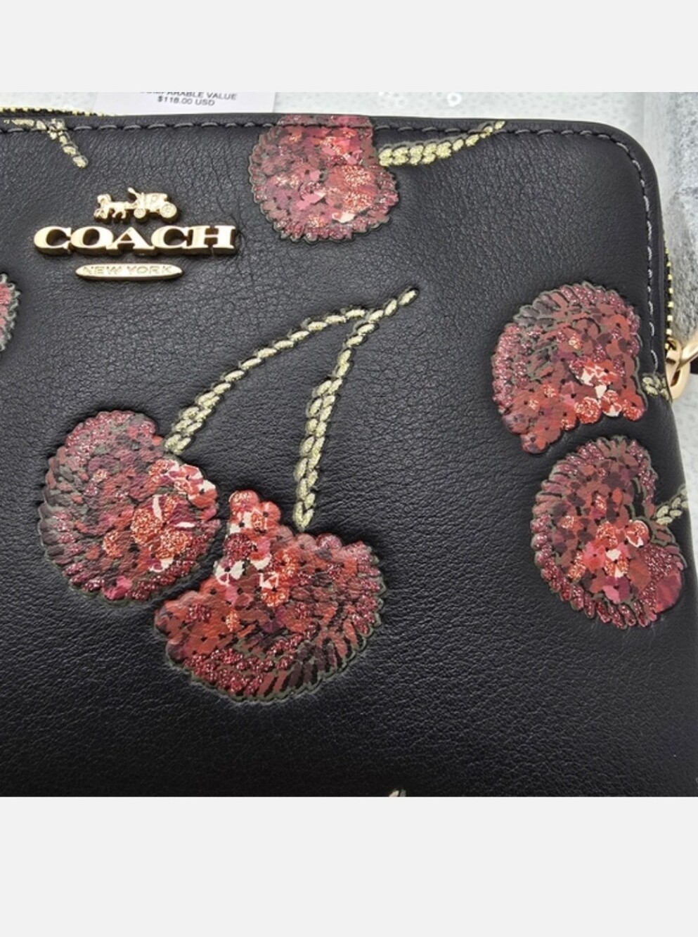 Coach Sequined Cherry Print Corner Zip Wristlet Black Red Smooth Leathe - Picture 10 of 11